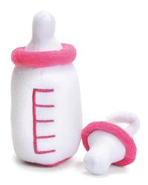 Babyflasche und Nuckel, rosa