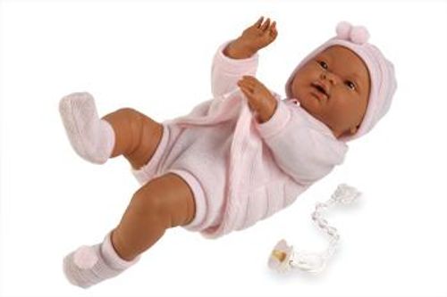 Babypuppe Mädchen dunkel. Länge 45cm. Lieferung inkl. Kleidung und Schnuller an Kette.