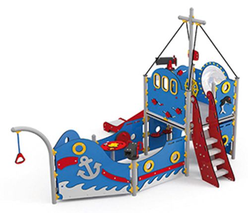 Spielschiff Coaster mit Treppe und offener Rutsche.
