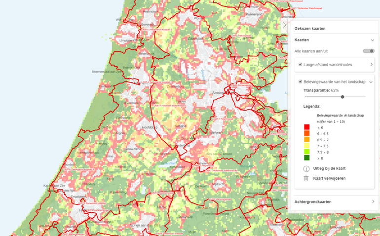 Belevingswaarde van het landschap tussen Bloemendaal aan Zee en Noordwijk (rode tot groene kleuren) en de landelijke wandelroutes (rode lijnen)