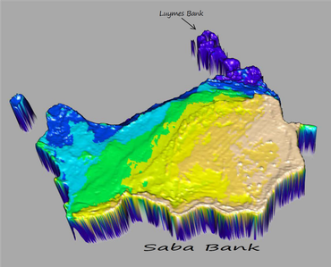 3D-beeld van de Sababank met de Luymesbank in het noordoosten