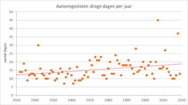 Figuur 5. Het maximum aantal aaneengesloten dagen per jaar zonder neerslag over de periode 1932-2019 in Castricum