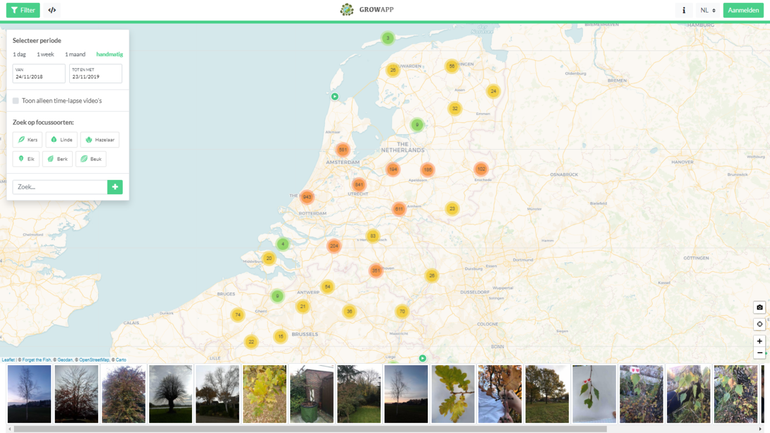 GrowApp-locaties in Nederland in het afgelopen jaar. Het cijfer in de bolletjes geeft aan hoeveel locaties er in die regio gemaakt zijn