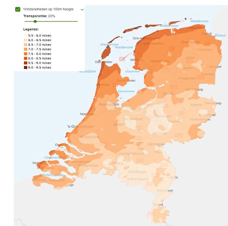 Windsnelheden op 100 meter 